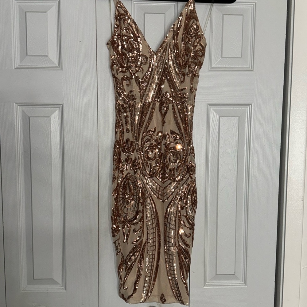 rose gold dress sexy High Low Rose Gold Sequined Prom Dresses Glitter Halter Women Evening –  Siaoryne main image 1